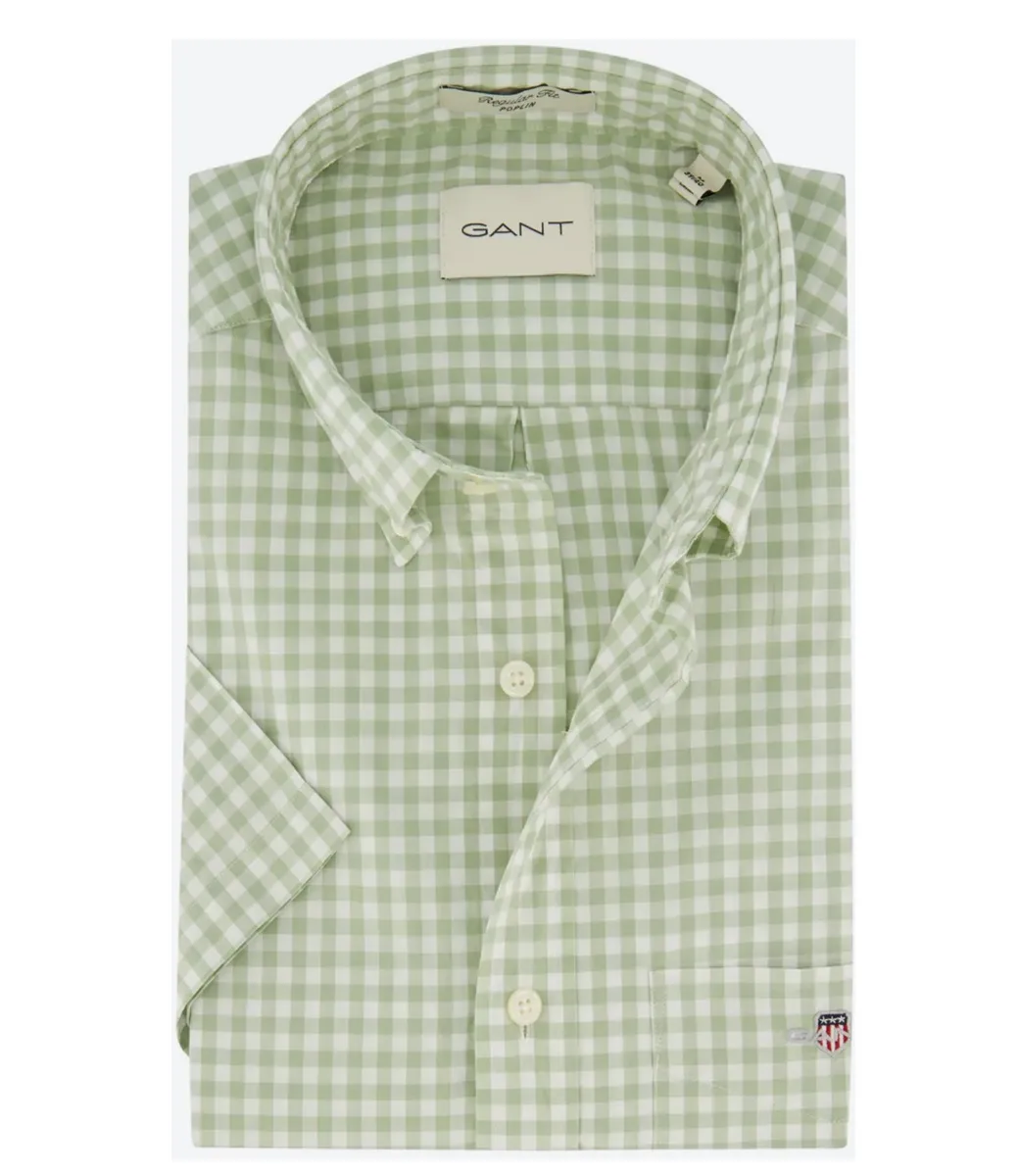 GANT 3000121345 HEREN OVERHEMD OLIJFGROEN WIT RUITJE KORTE MOUW BUTTON DOWN MET BORSTZAK